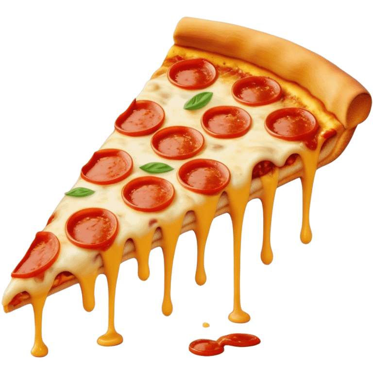 Cinematic cheesy pizza slice, gooey melted cheese stretching as a bite is taken, crispy golden crust, rich tomato sauce, vibrant toppings, warm glowing background, inviting and delicious. emoji