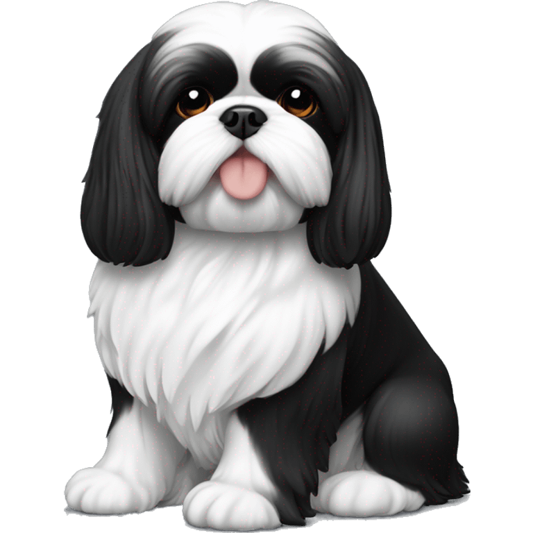 Shihtzu preto e branco com um frango de brinquedo na boca emoji