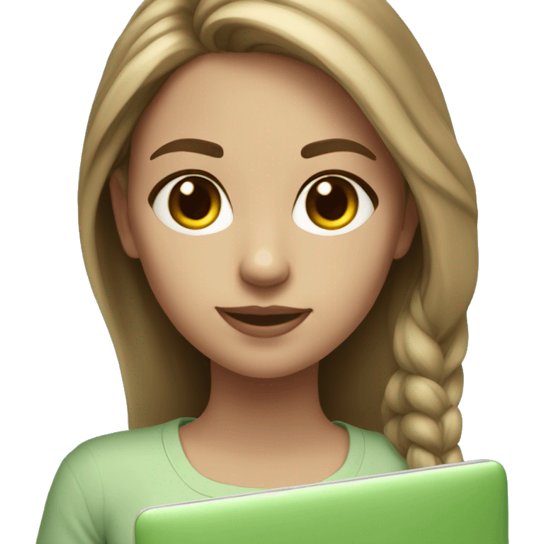 Girl white light brown medium hair with MacBook realistic color light green-blue emoji