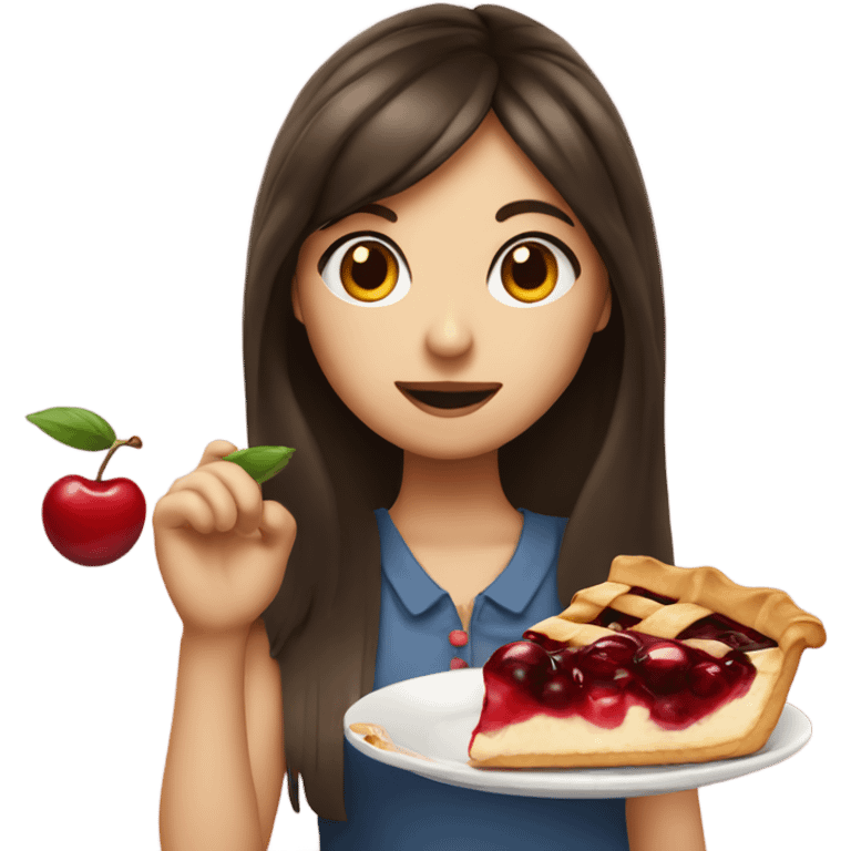 Girl brunette with fringe eating a cherry pie emoji