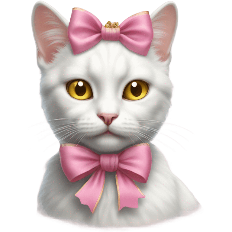 Realistic white cat with yellow eyes wearing pink vintage rococo bow emoji