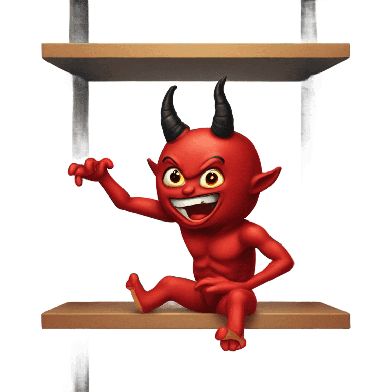 Red horned Satan doll swinging legs falling off a shelf  emoji