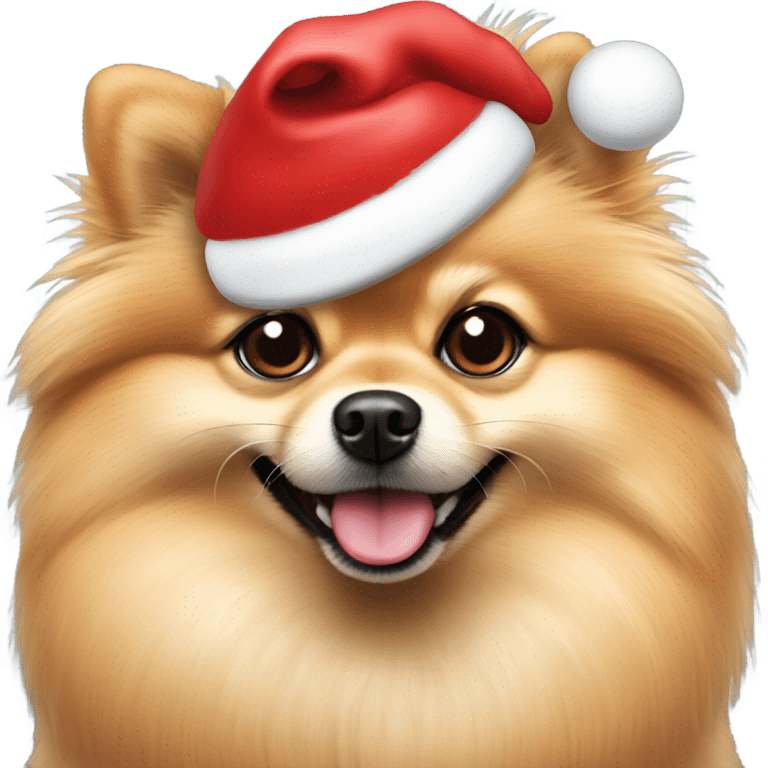 Tan Pomeranian wearing a Santa hat emoji