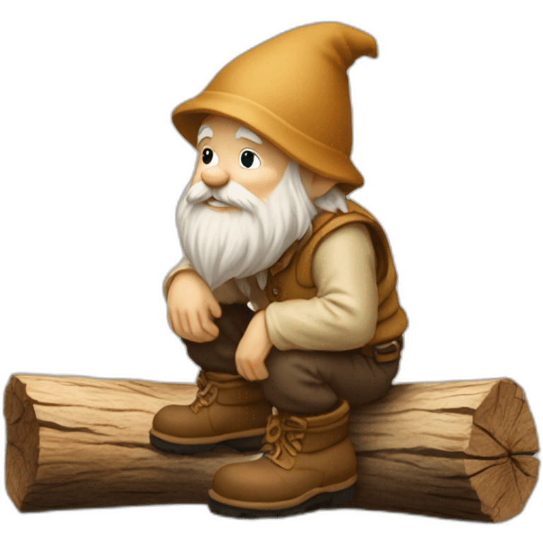 side view of gnome with light tan pants and boots squatting on top of tiny brown log emoji