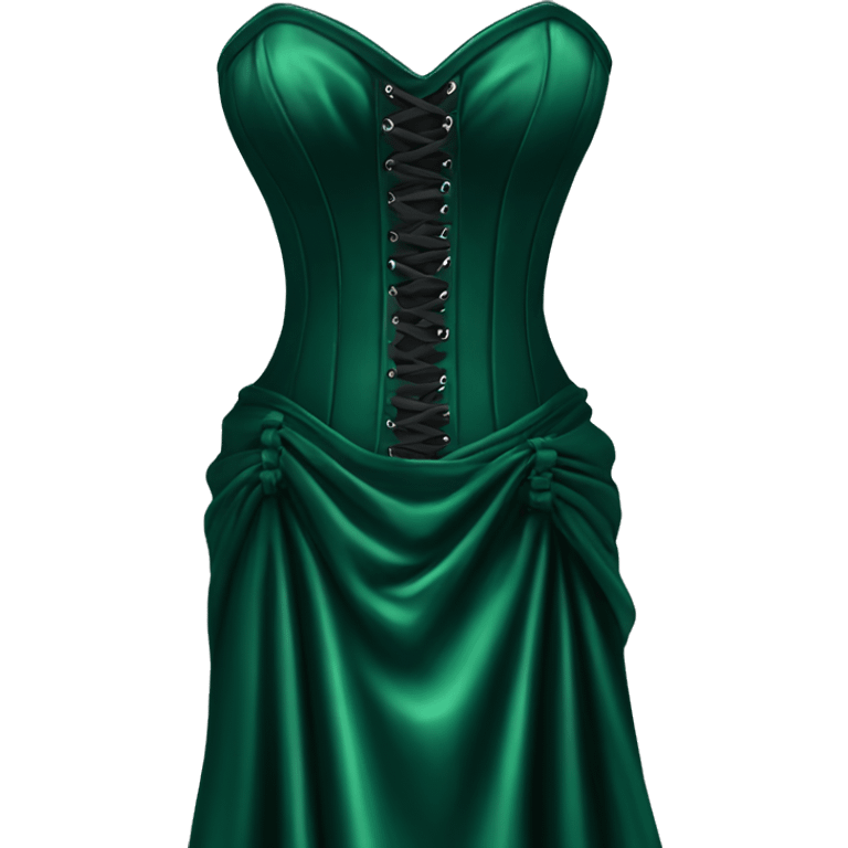 Realistic dark green silk maxi dress isolated with a tight corset. No person, just a dress emoji