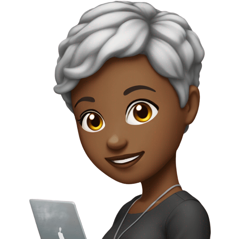 pretty african american girl with pixie cut with laptop emoji