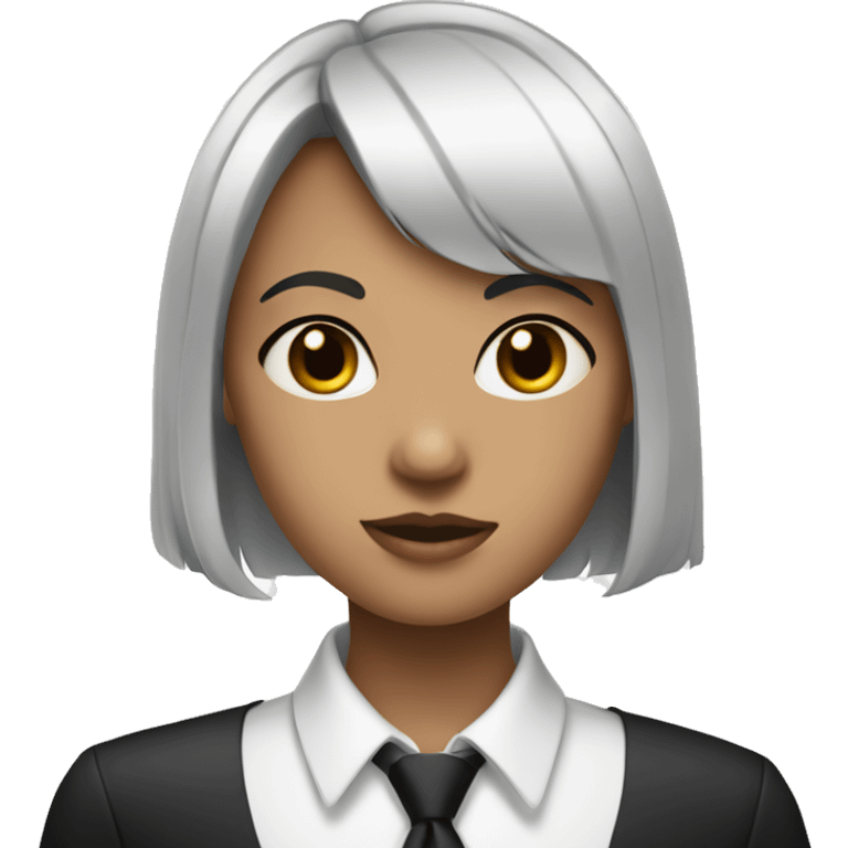 A girl with a black bob hair with bang wearing white shirt with a black tie emoji