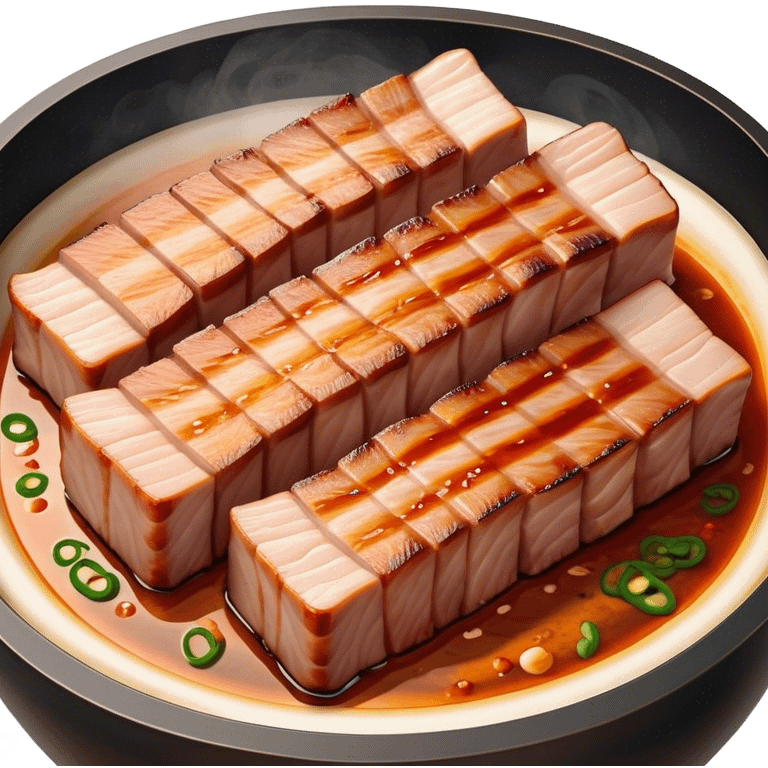 Cinematic Realistic Samgyeopsal Dish Emoji, depicted with sizzling, thick slices of pork belly grilled to perfection rendered with rich textures and warm, inviting lighting. emoji