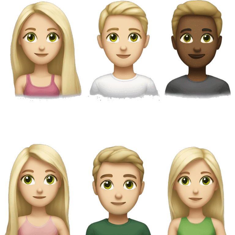 Girl, blonde hair, white, green eyes;man, emoji