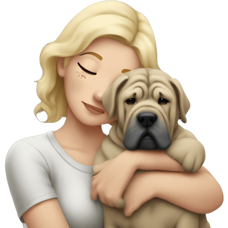 Sad blonde woman cuddling grey Shar Pei  emoji