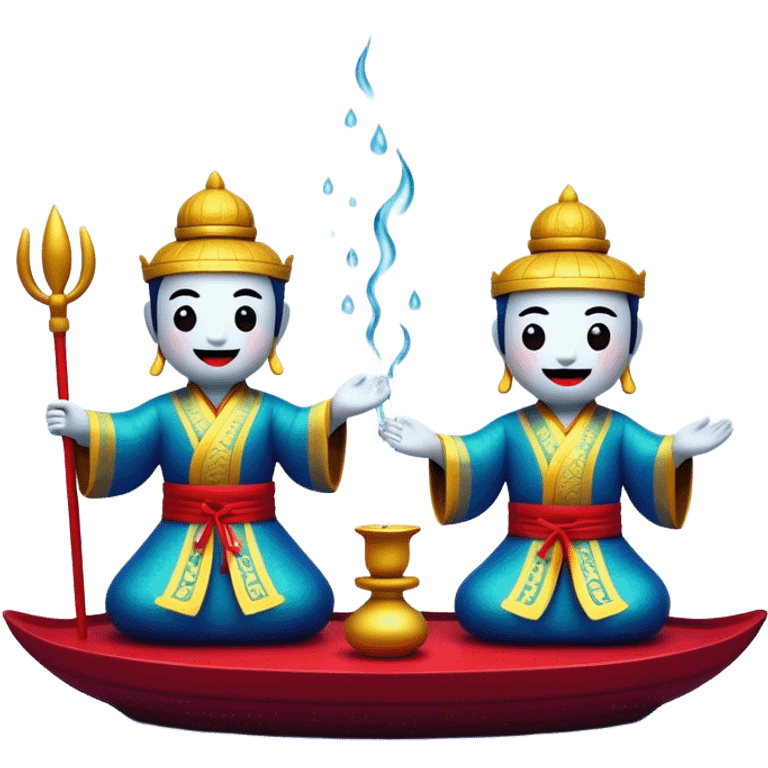 Cinematic Realistic Water Puppetry Emoji, depicted as a whimsical scene of traditional water puppets performing on a reflective water stage, rendered with vivid textures and dynamic playful lighting that captures its enchanting charm. emoji