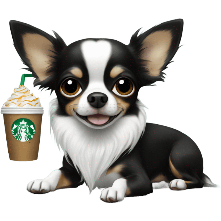 Black white long hair chihuahua eating Starbucks  emoji