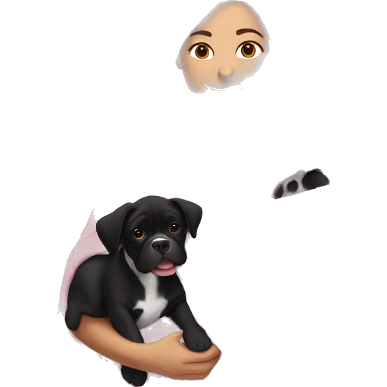 a woman with brown hair is cradling her puppy in a pink baby blanket. the puppy is a black boxer dog. the woman is smiling with mouth ajar. you can see the woman cradling the puppy like a baby from her waist up.  emoji