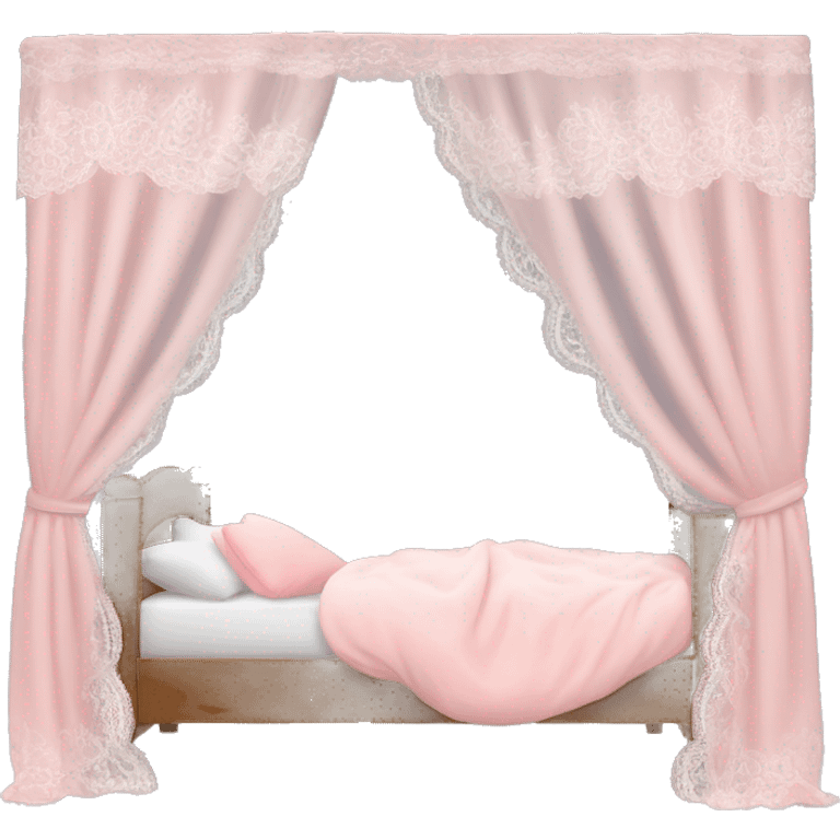 girl sleeping in light pink bed with white lace curtains canopy around it emoji