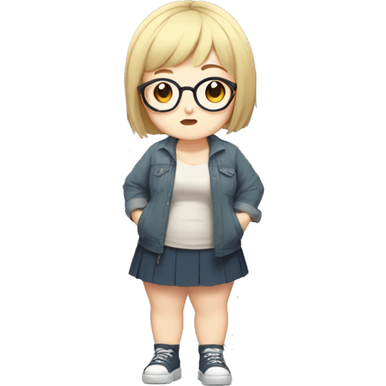 Chubby anime girl with glasses and short blonde hair, full body wearing cute clothes emoji