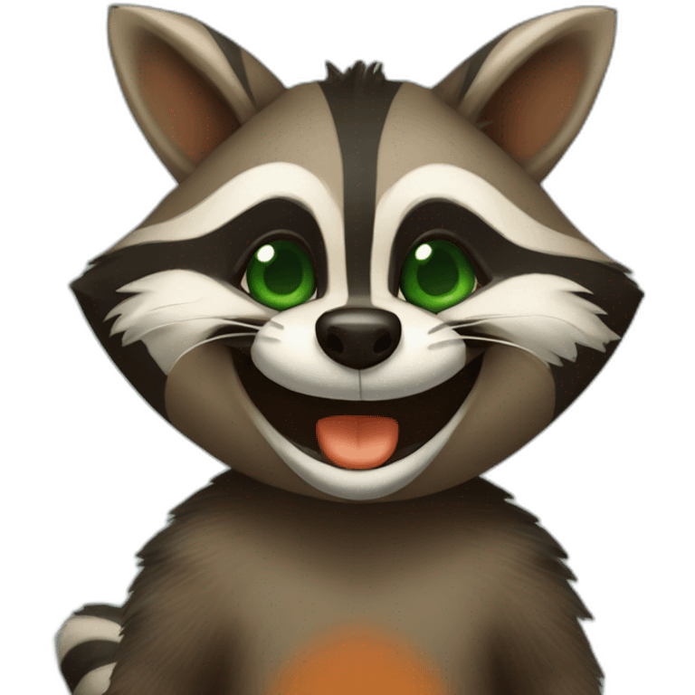 brown raccoon with orange eyes and a dark green hood that is laughing emoji