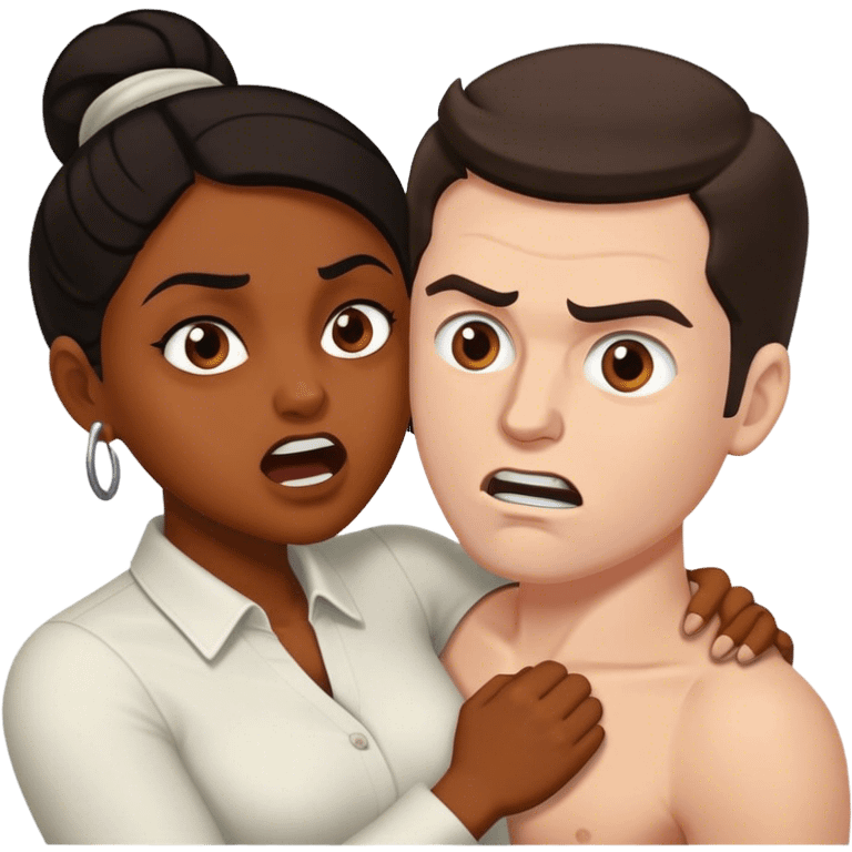 Brown skin woman white man with dark hair tussling emoji