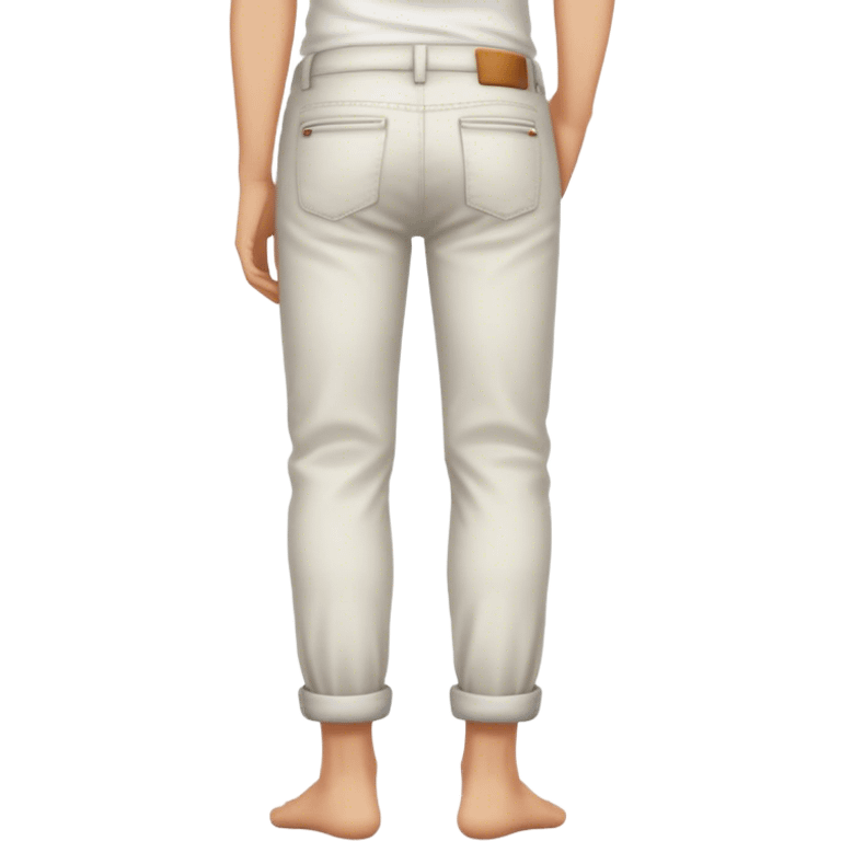 Barefoot in rolled up pants and white top right hand in back pocket from the back emoji