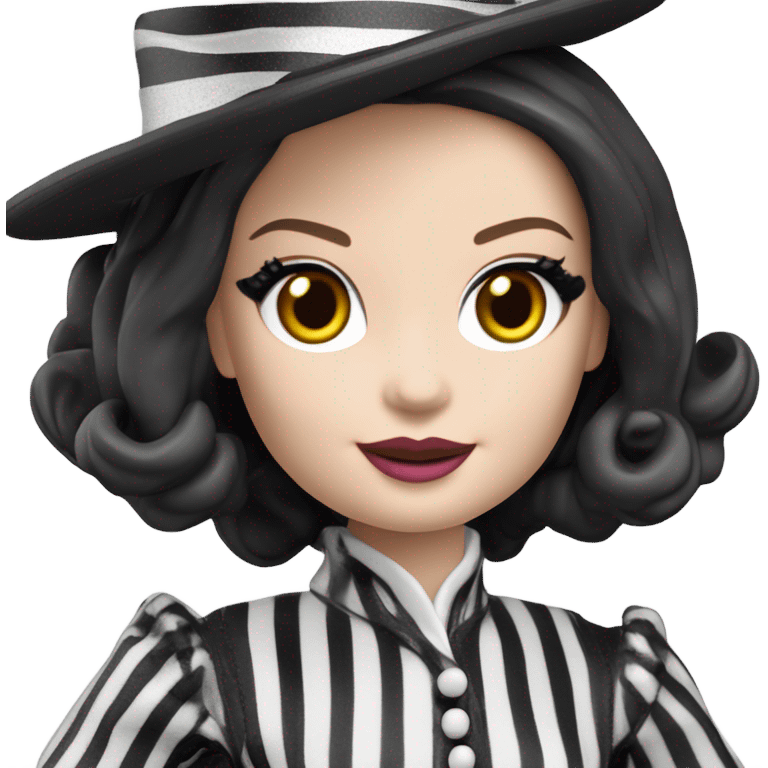 Kentucky Derby Barbie, 1910 Wednesday Addams from academy, in dark-gray and black striped outfit with hat. Smiling Driving Mercedes convertible sports car. Pale-white porcelain skin.  emoji