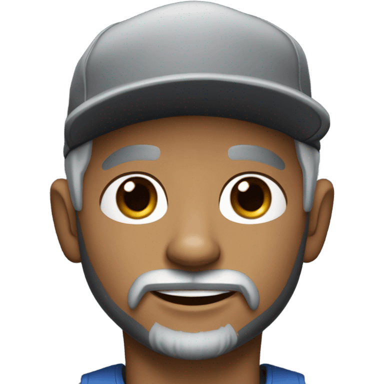 Handsome man, with ‘blue’ eyes, grey hair, and grey goatee beard, wearing ball cap and holding a long haired black chihuahua emoji