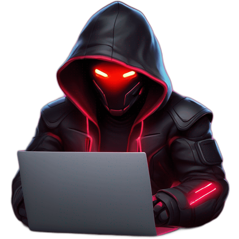 developer behind his laptop with this style : Crytek Crysis Video game neon glowing bright red character red black hooded hacker themed character emoji