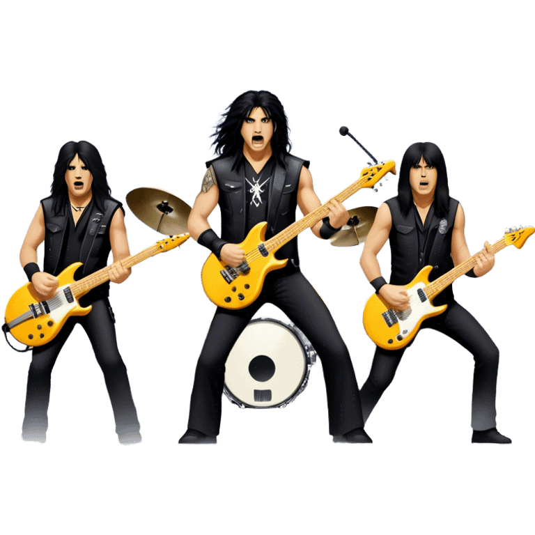 Icon for Heavy Metal: Anthrax live concert with Charlie Benante on drums, Joey Belladonna on vocals, Frank Bello on bass, Jonathan Donais and Scott Ian on guitars. The intense energy of the band is captured with instruments and stage lighting. Transparent background. emoji