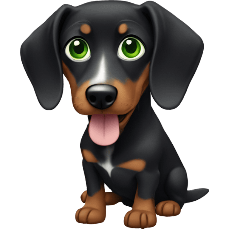 White Lebanese with green eyes holding a black dachshund emoji