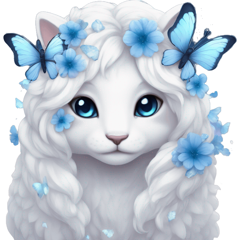 Edgy Cute Cool Kawaii gorgeous sparkly ethereal white fantasy animal with blue eyes sona with flowers and butterflies beautiful aesthetic emoji