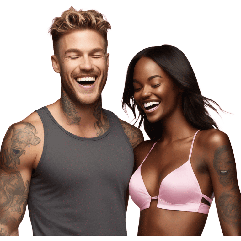 Photo of Victoria secret model laughing with a tattooed male model  emoji