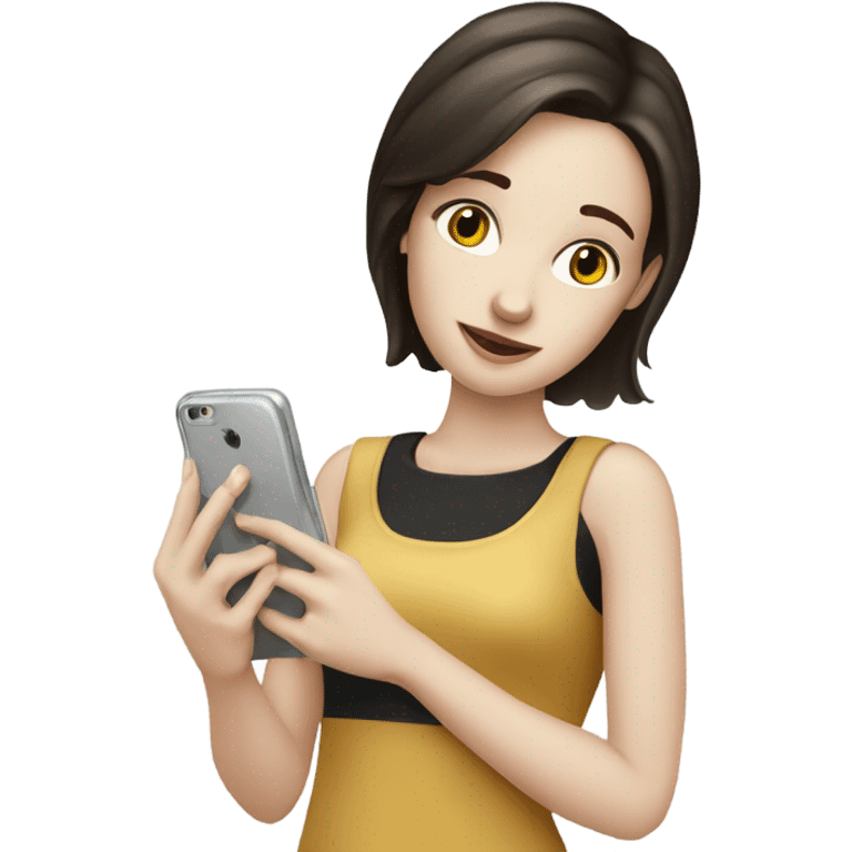 A girl with pale skin and dark brown hair shilling on her phone emoji