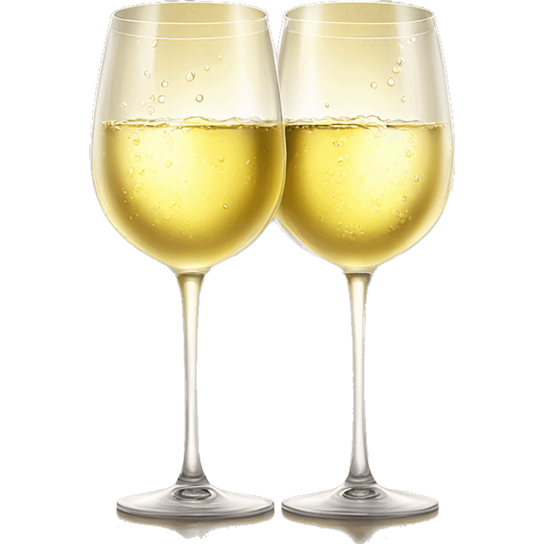 Two wine glasses filled with white wine clinking together in a toast, with soft sunlight highlighting the golden liquid and droplets of condensation on the glass emoji