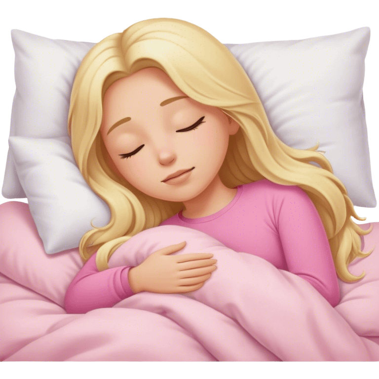 Cinematic realistic blonde with long hair, dressed in a pink top, sleeps in a cozy, soft bed, covered with a white duvet emoji