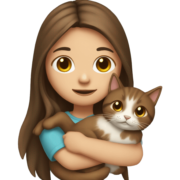 Girl with long brown hair holding a cat emoji