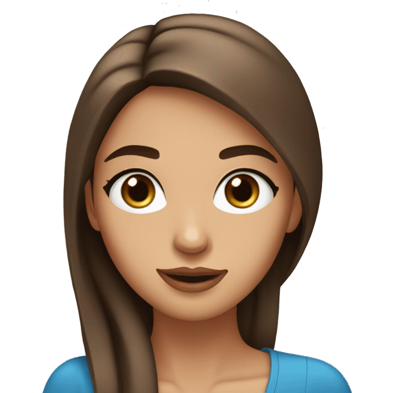 A woman with big round blue eyes, long thick brown straight hair, full lips, thin eyebrows, tanned skin, small straight nose emoji