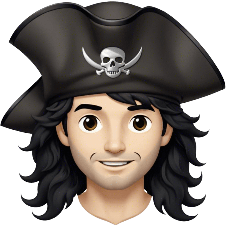 A charismatic pirate with wavy black hair tousled by the breeze. His silver-embroidered tricorn hat casts a shadow. He turns slightly, dark eyes glinting with mischief as he looks to the side, a knowing smile on his lips emoji