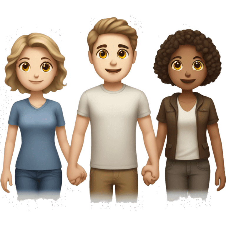 two girls and one guy holding hands white skin, brown eyes, brown hair emoji