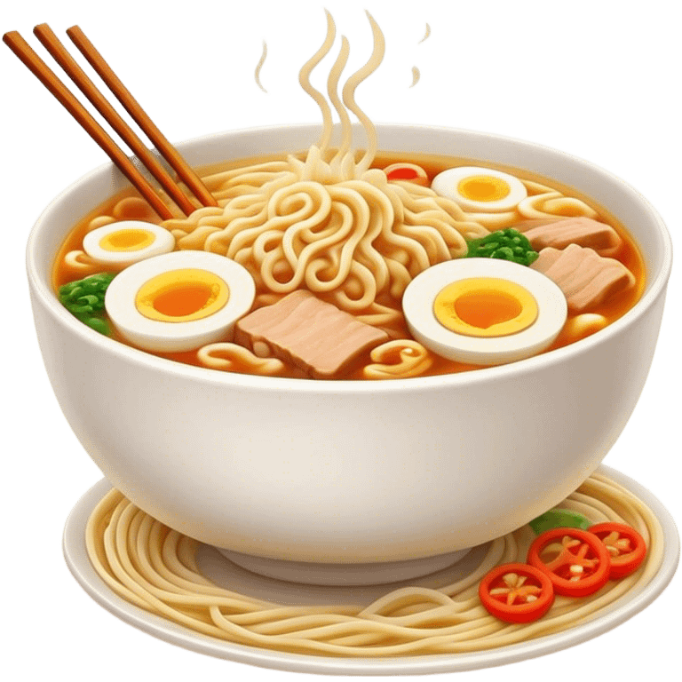 Cinematic Realistic Ramen Dish Emoji, showcasing a steaming bowl of rich broth with noodles and toppings rendered with dynamic textures and inviting, warm lighting. emoji