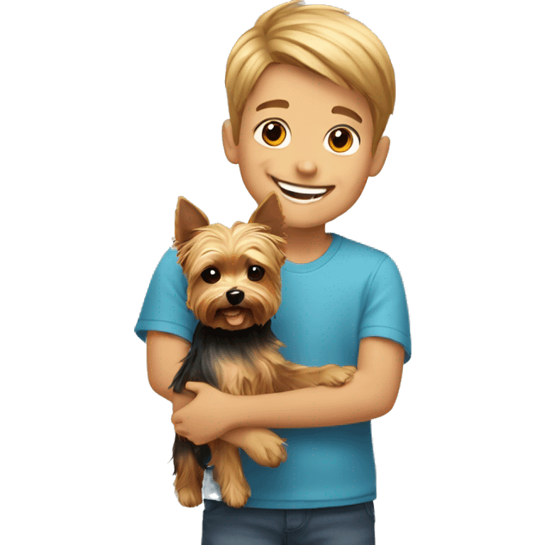 smiling boy with yorkie dog indoors emoji