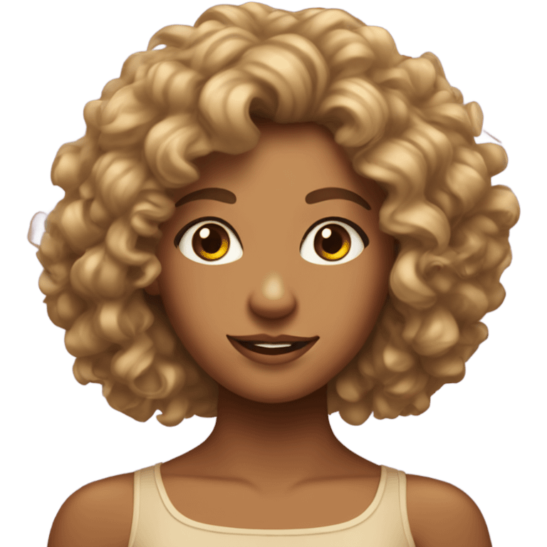 Emoji tanned girl with curly hair in her twenties quite realistic with almond eyes emoji