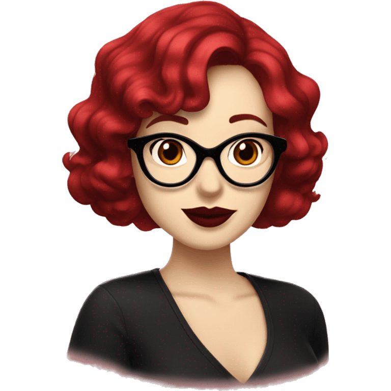 Woman with red wavy bobcut and black cateye glasses, pale skin and red lipstic emoji