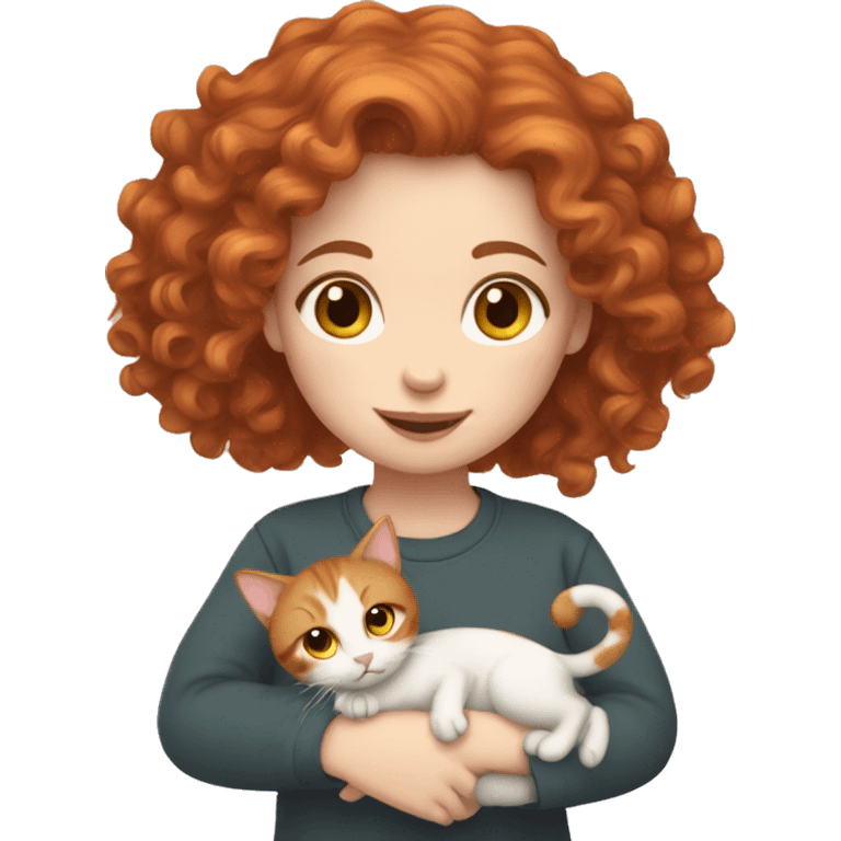 Pale skin Red hair curly girl holding tabby cat emoji