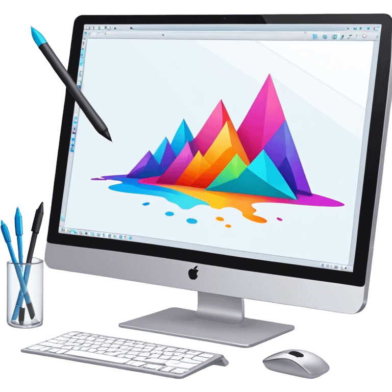 Computer graphics icon, large monitor with graphic design software open, graphic tablet, stylus, vibrant colors, minimalistic style, clean lines, transparent background. emoji