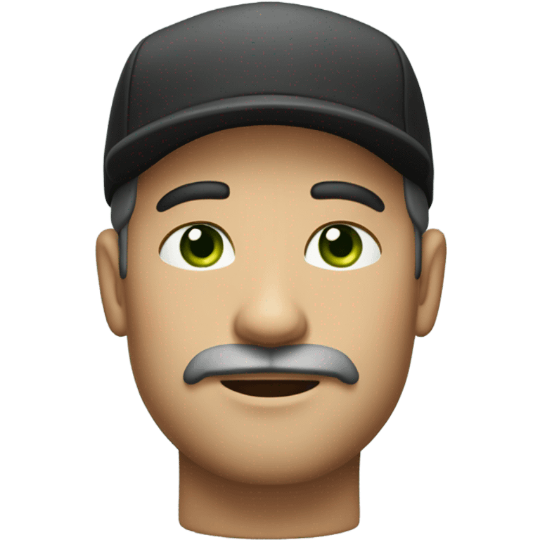 man wearing a black flat cap, with a short beard and mustache, and a neutral expression. The man has light skin, green eyes, and subtle wrinkles on his forehead emoji