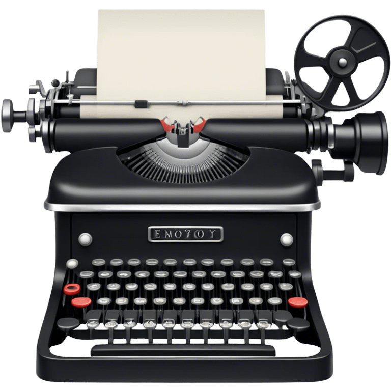 Create an emoji representing screenwriting. The design should feature an open script with visible dialogue and action lines, symbolizing the writing of a screenplay. Include a classic typewriter or a modern writing device, such as a laptop, to signify the process of creating a script. Add a cinema camera next to the script to emphasize the cinematic aspect of screenwriting. Use a professional color palette with black, white, and subtle metallic tones. Do not include any emojis or smiley faces. Make the background transparent. emoji