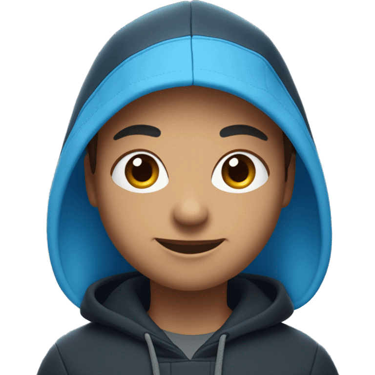 A digital 3D emoji-like face with brown hair, a small mole under the right eye, wearing white earbuds, and smiling. The character is wearing a dark blue hoodie and a black Nike crossbody bag. The background is a gradient light blue. emoji