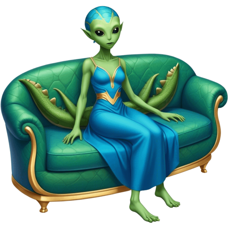 a reptilian green alien woman, in blue gold dress, lie on couch comfy, full figure emoji