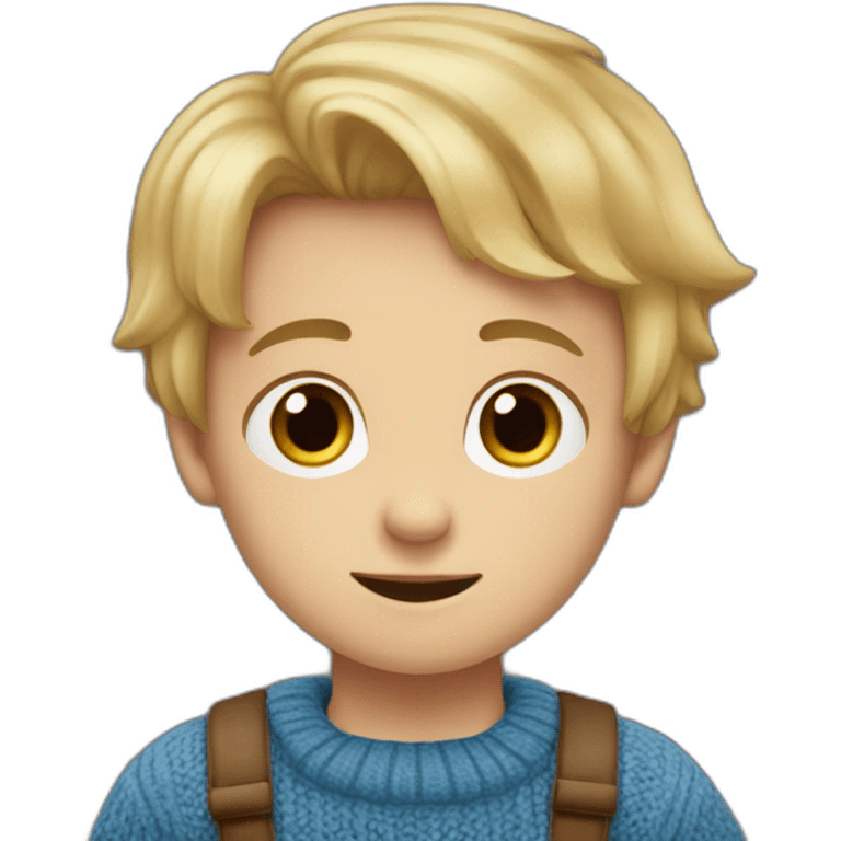 Little boy with blonde hair with brown eyes with a small bobo at the level of the mouth he is dressed in a blue and brown sweater emoji