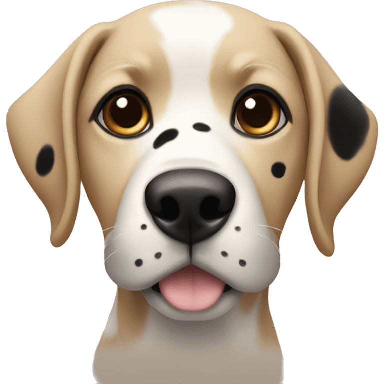 a dog with a black face and beige spots around the eyes, ears down emoji