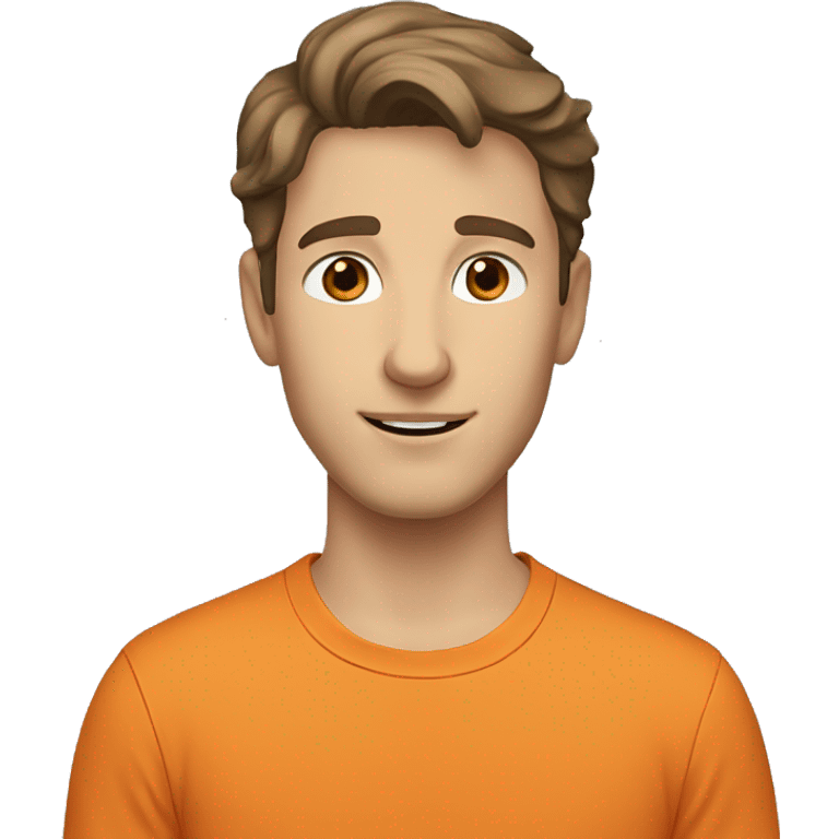 young caucasian man with brown eyes and  brown hair wavy. orange shirt.  emoji