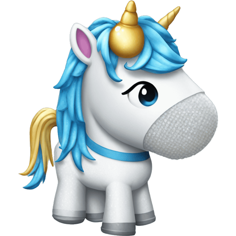 sparkling Unicorn with bubble wrap in a blue polo shirt emoji